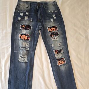 Distressed Jeans with Halloween Patches